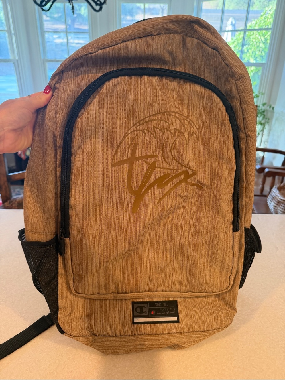 Champion Men's Brown Backpack with Black Trim and Wave Logo